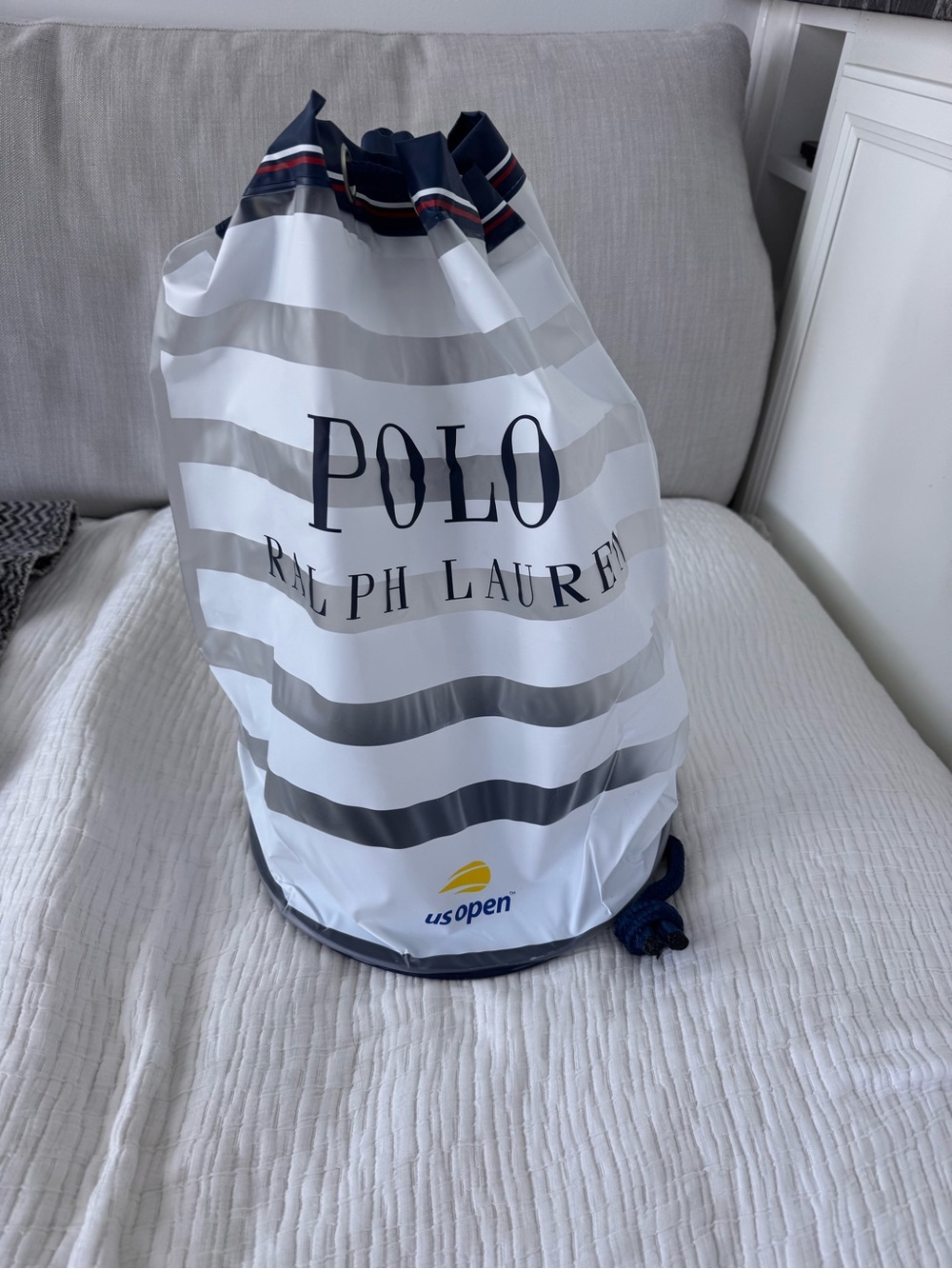 Polo by Ralph Lauren White & Navy Striped Drawstring Backpack with US Open Logo
